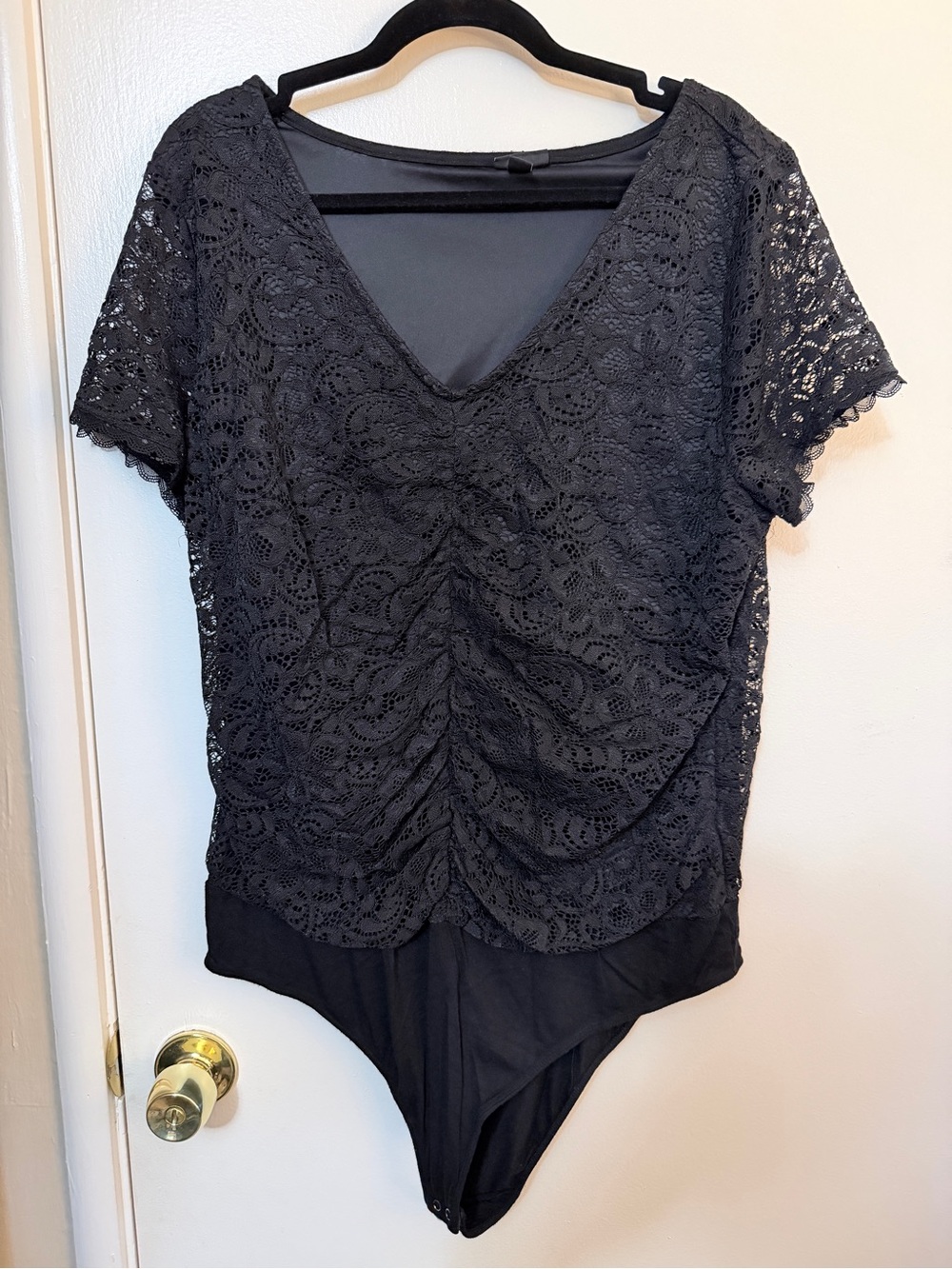 torrid Black Lace V-Neck Ruched Short Sleeve Bodysuit